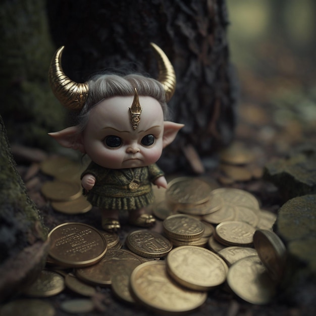 There is a small doll with horns and a dress on standing next to coins generative ai