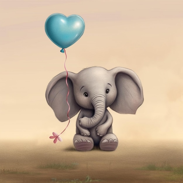 There is a small elephant holding a blue balloon in the air generative ai