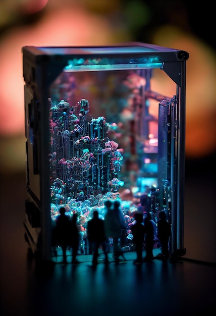 There is a small glass box with city scene inside generative ai