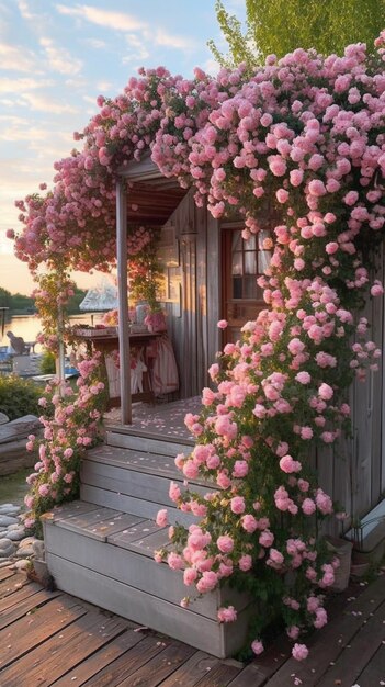 there is a small house with a porch covered in pink flowers generative ai