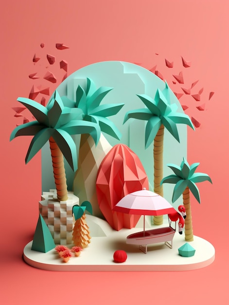 There is a small island with a beach umbrella and palm trees generative ai