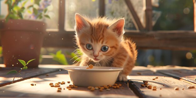 there is a small kitten eating out of a bowl on a table