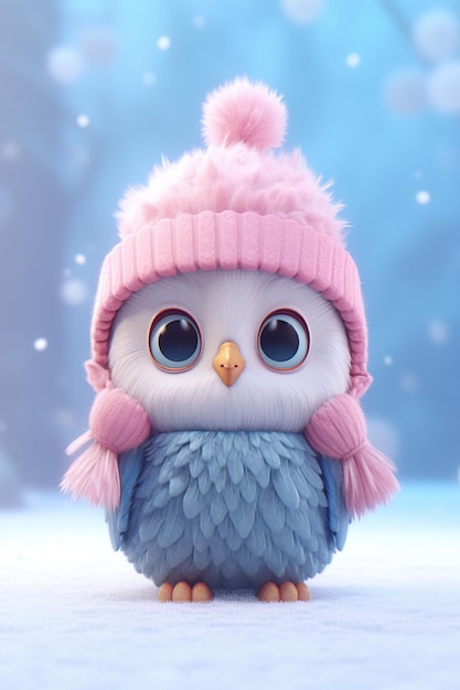 There is a small owl wearing a pink hat and scarf generative ai