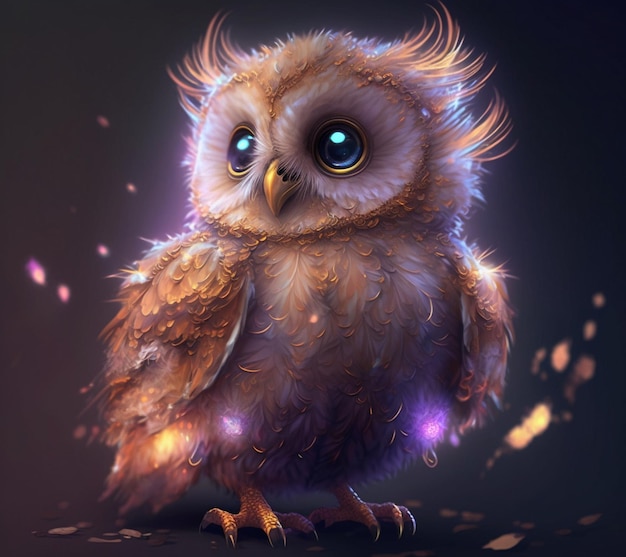 There is a small owl with blue eyes sitting on a table generative ai