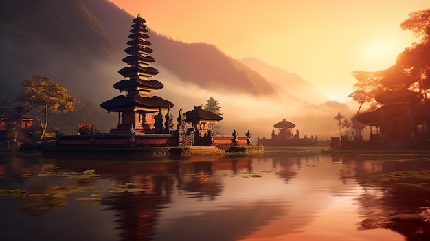 There is a small pagoda on the shore of a lake generative ai