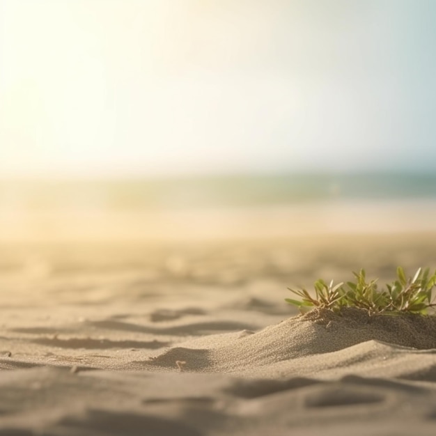 There is a small plant growing out of the sand on the beach generative ai