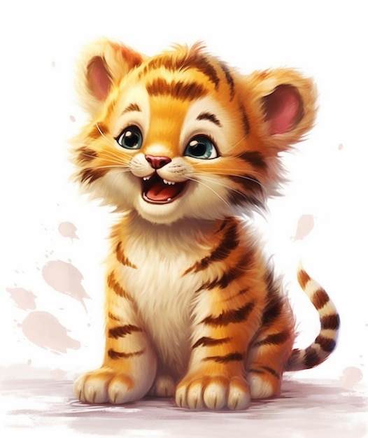 There is a small tiger cub sitting on the ground generative ai