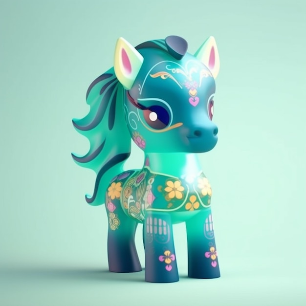 There is a small toy horse with a blue mane and a flowered dress generative ai