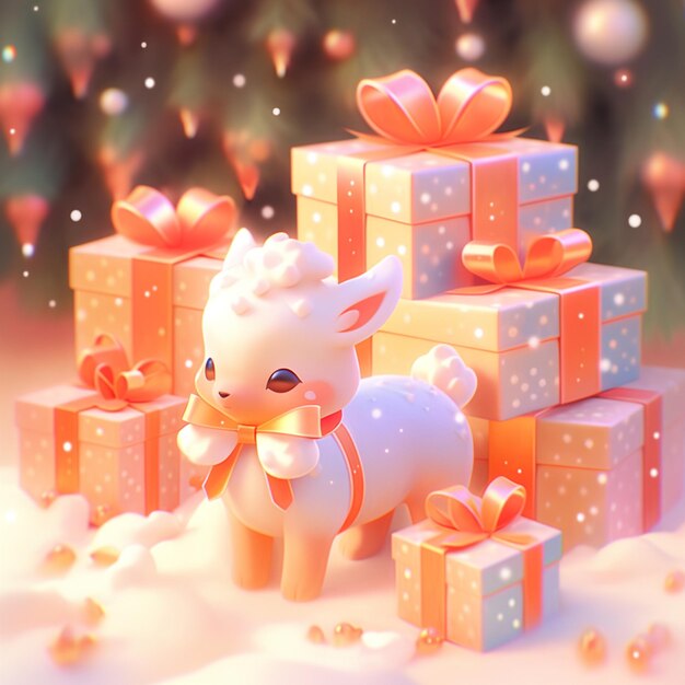 there is a small white animal standing next to a pile of presents generative ai