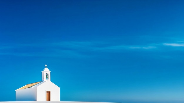 Photo there is a small white church on a hill with a blue sky generative ai