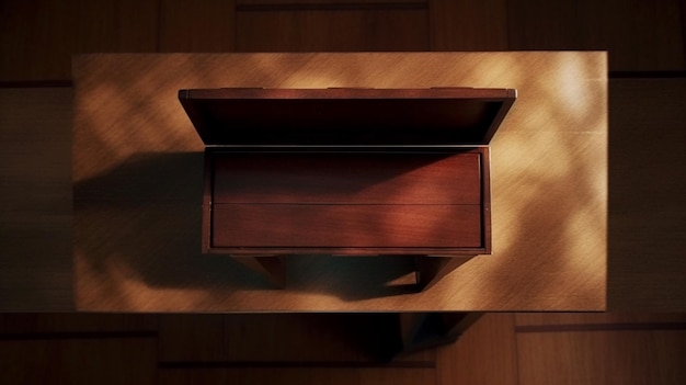 There is a small wooden box on a table with a shadow generative ai