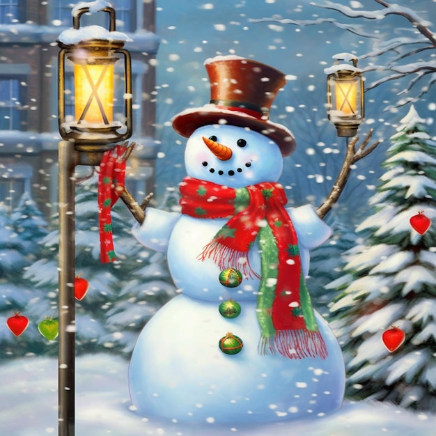 there is a snowman that is standing next to a lamp post generative ai