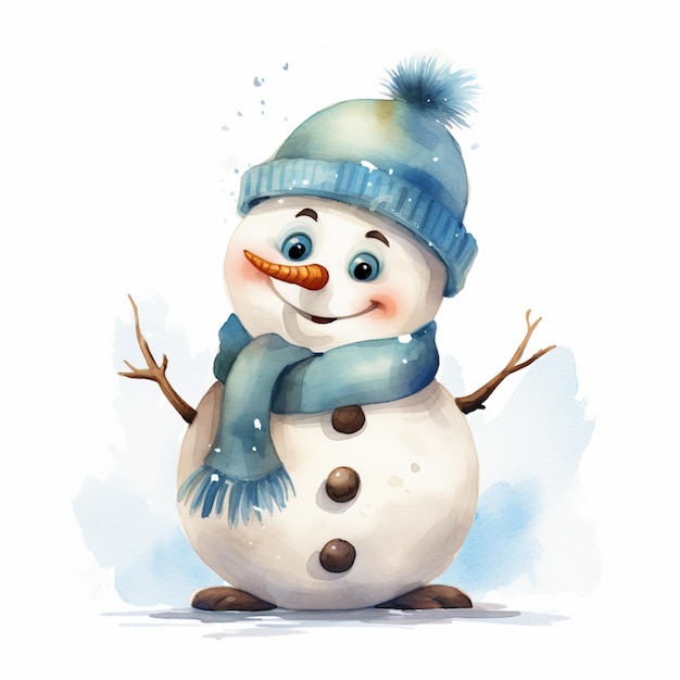 there is a snowman with a blue hat and scarf generative ai