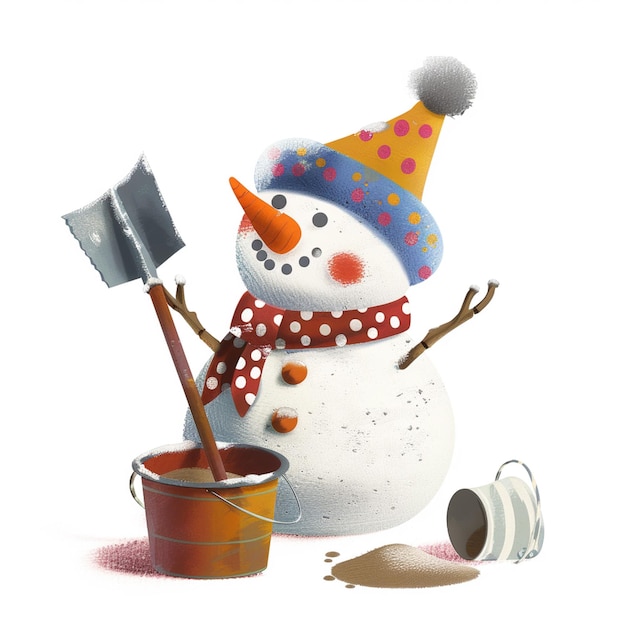 Photo there is a snowman with a hat and a shovel in a bucket generative ai