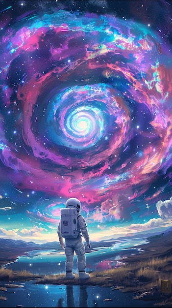 there is a spaceman standing on a ledge looking at a spiral generative ai