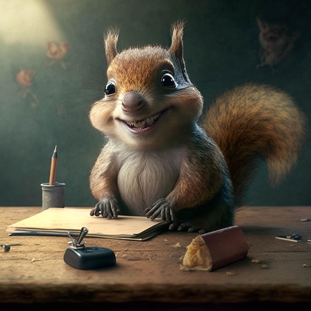 There is a squirrel sitting at a desk with a piece of paper generative ai