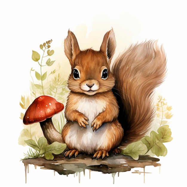 there is a squirrel that is sitting on a log with a mushroom generative ai