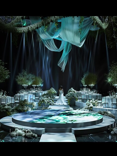 Photo there is a stage with a circular table and chairs and a stage with a waterfall generative ai