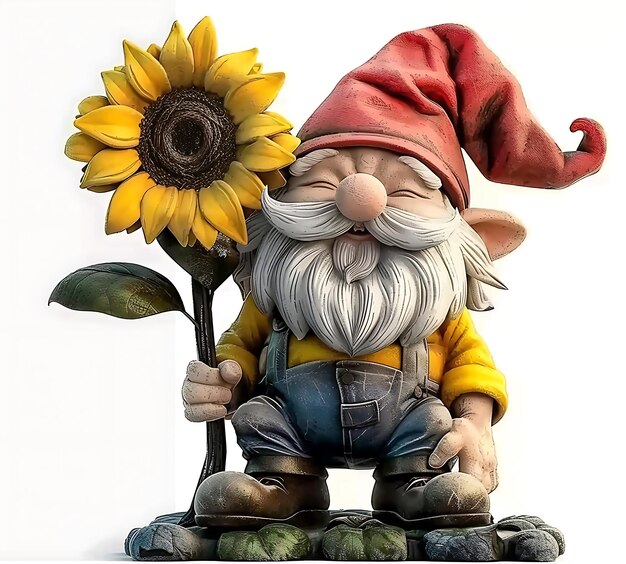 there is a statue of a gnome with a sunflower in his hand