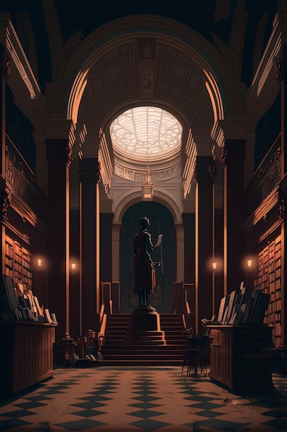 There is a statue of a man in a library with a clock generative ai