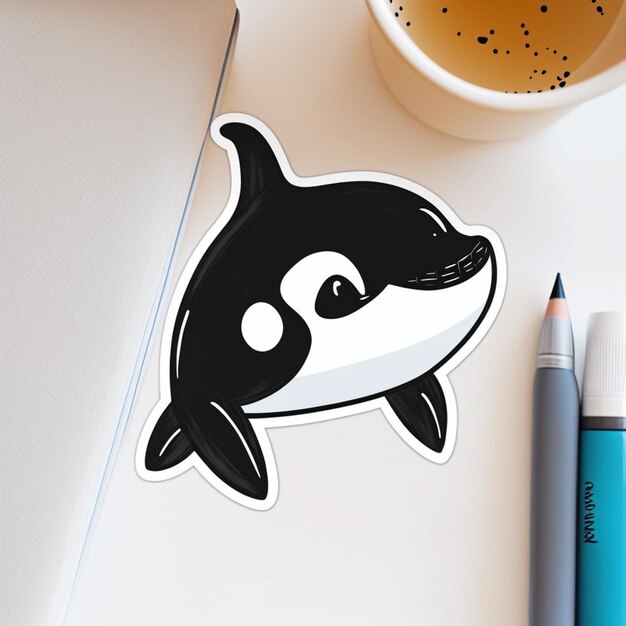 Photo there is a sticker of a whale on a table next to a cup of coffee generative ai