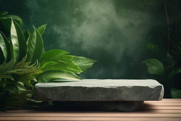 There is a stone bench sitting on a wooden table next to a plant generative ai