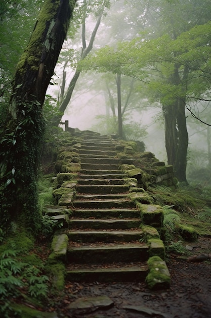 there is a stone staircase leading up to a tree in the woods generative ai