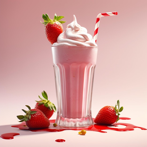 there is a strawberry milkshake with whipped cream and strawberries generative ai