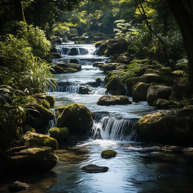 there is a stream running through a forest filled with rocks generative ai