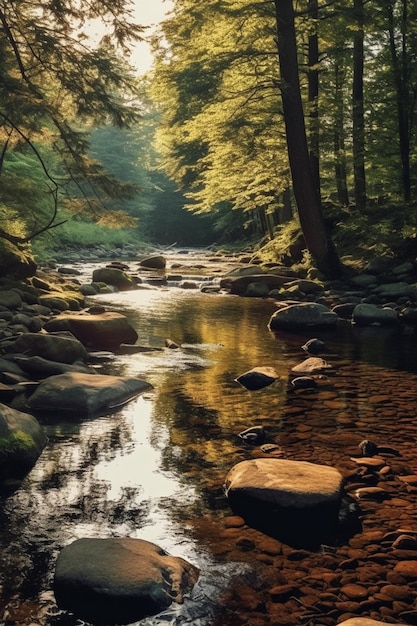 There is a stream running through a forest filled with rocks generative ai