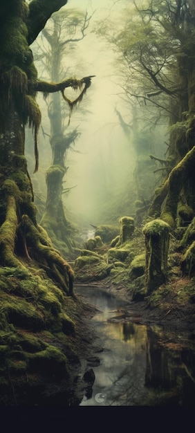 There is a stream running through a forest with moss on the ground generative ai