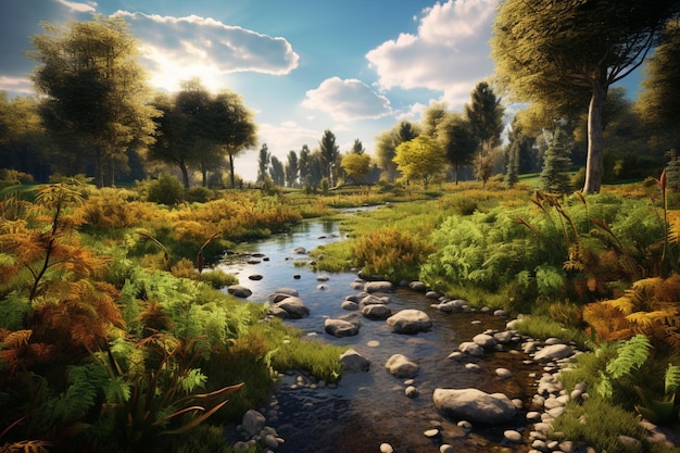 There is a stream running through a lush green forest filled with rocks generative ai