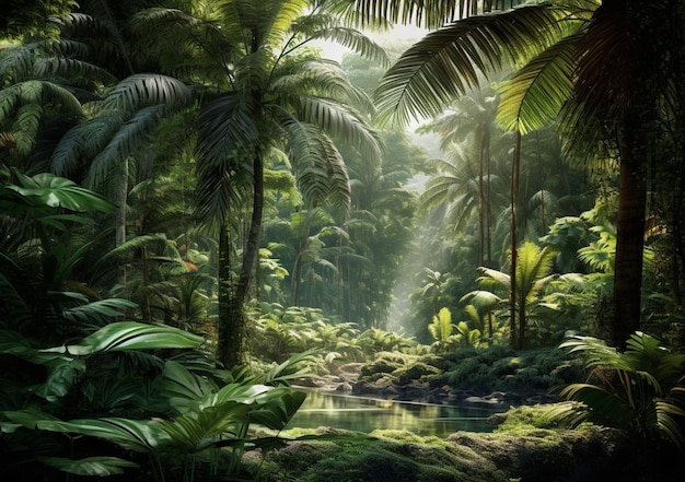 There is a stream running through a lush green jungle generative ai