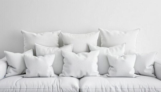 Photo there is a stylish white couch in the room decorated with numerous white pillows