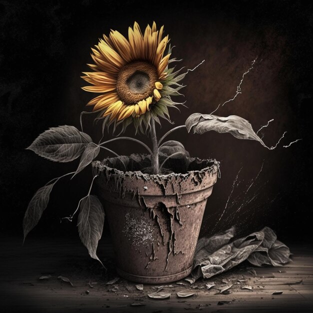 there is a sunflower in a pot with a broken stem generative ai