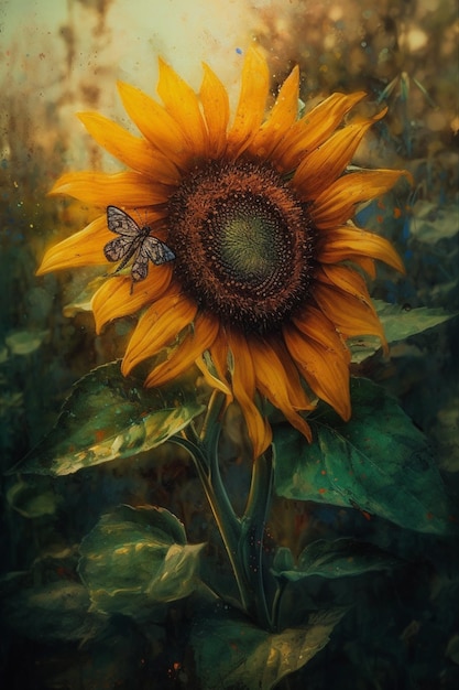 there is a sunflower with a butterfly on it in a field generative ai