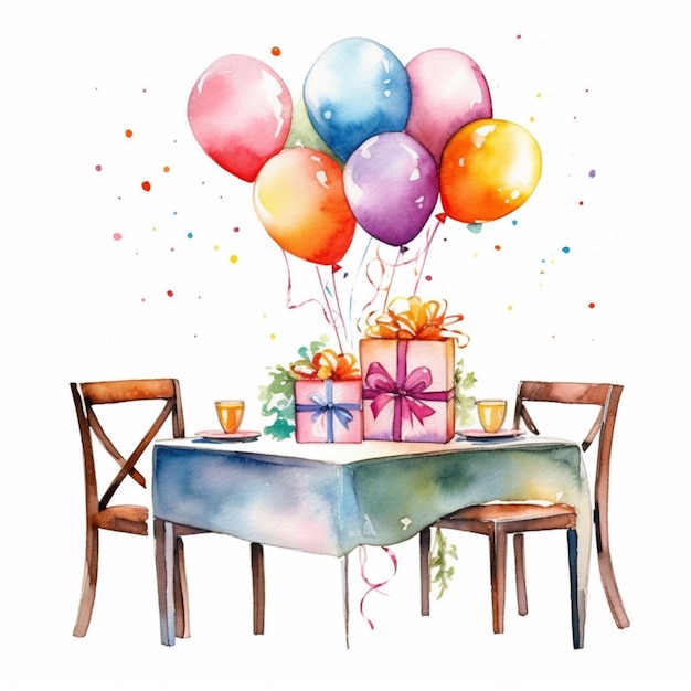 there is a table with a bunch of balloons and presents on it generative ai