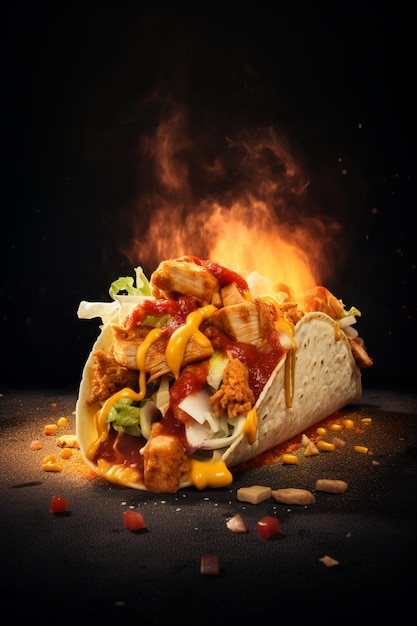 There is a taco with meat and cheese on it on a table generative ai