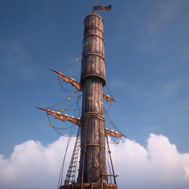 there is a tall wooden structure with a flag on top generative ai