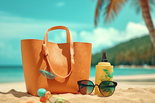 there is a tan bag and sunglasses on the beach generative ai