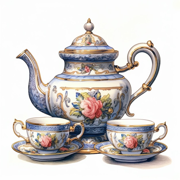 There is a tea pot and two cups on a table generative ai