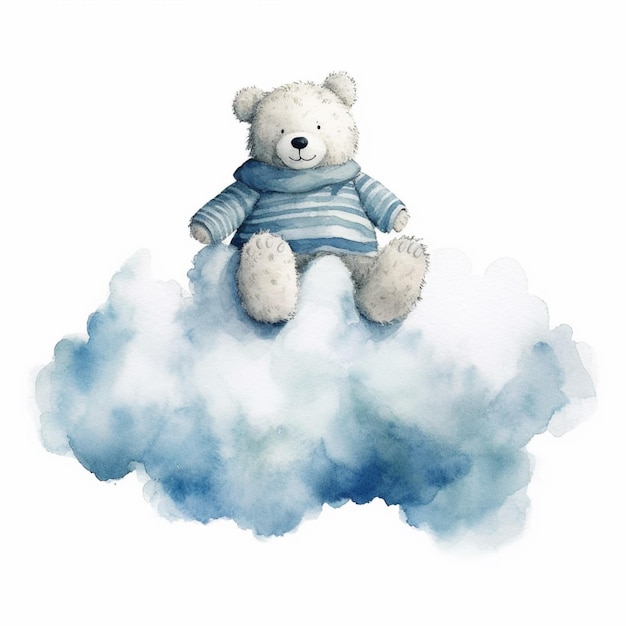 There is a teddy bear sitting on a cloud with a blue shirt generative ai