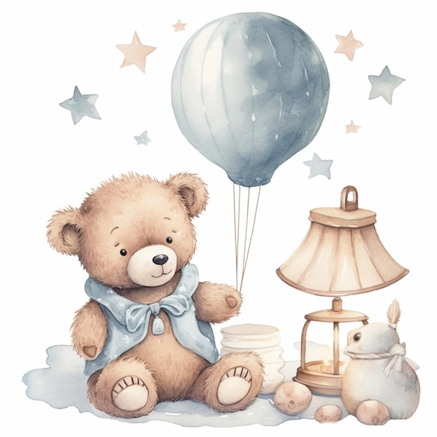 There is a teddy bear sitting next to a lamp and a lamp shade generative ai