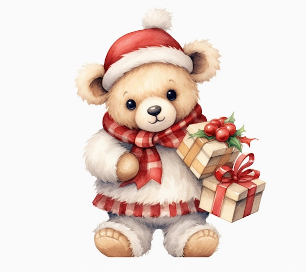 there is a teddy bear wearing a santa hat holding a present generative ai