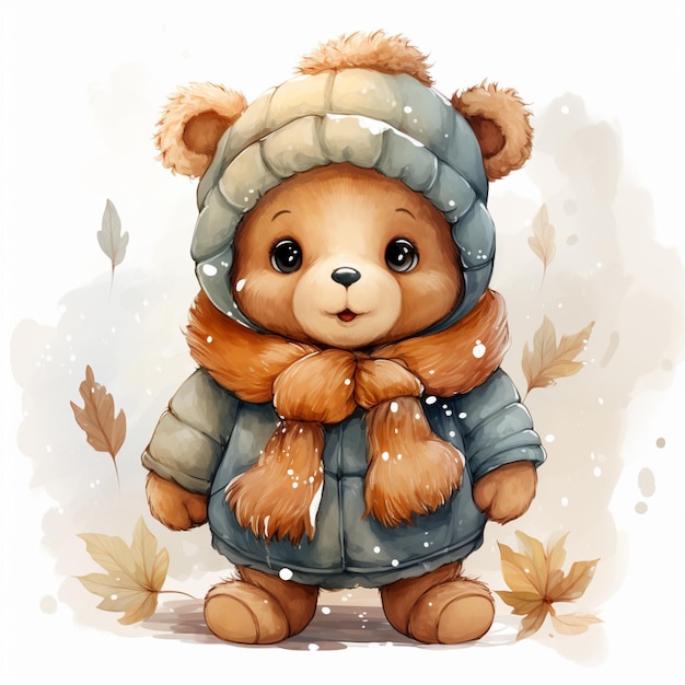 there is a teddy bear wearing a winter coat and scarf generative ai