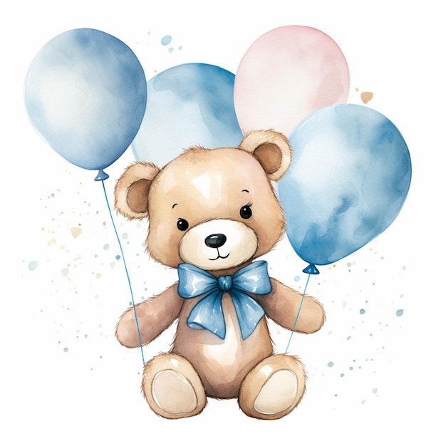 There is a teddy bear with balloons on a white background generative ai