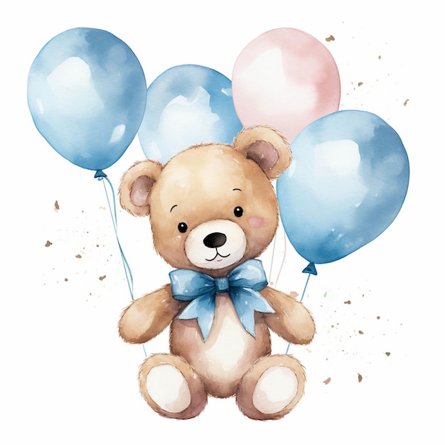 There is a teddy bear with balloons on a white background generative ai