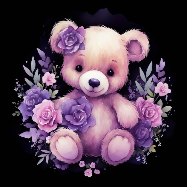 There is a teddy bear with flowers around it on a black background generative ai