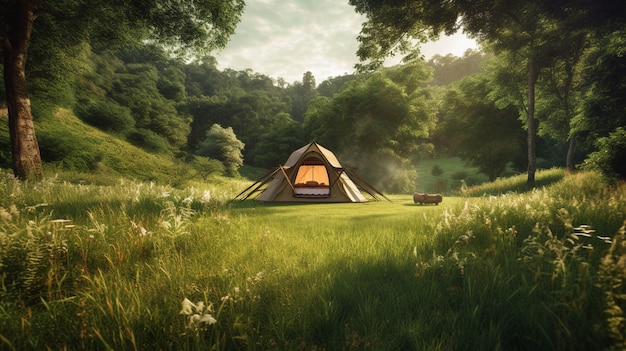 There is a tent in the middle of a grassy field generative ai