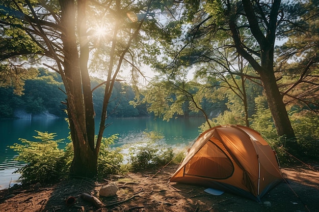 there is a tent pitched up next to a lake in the woods generative ai